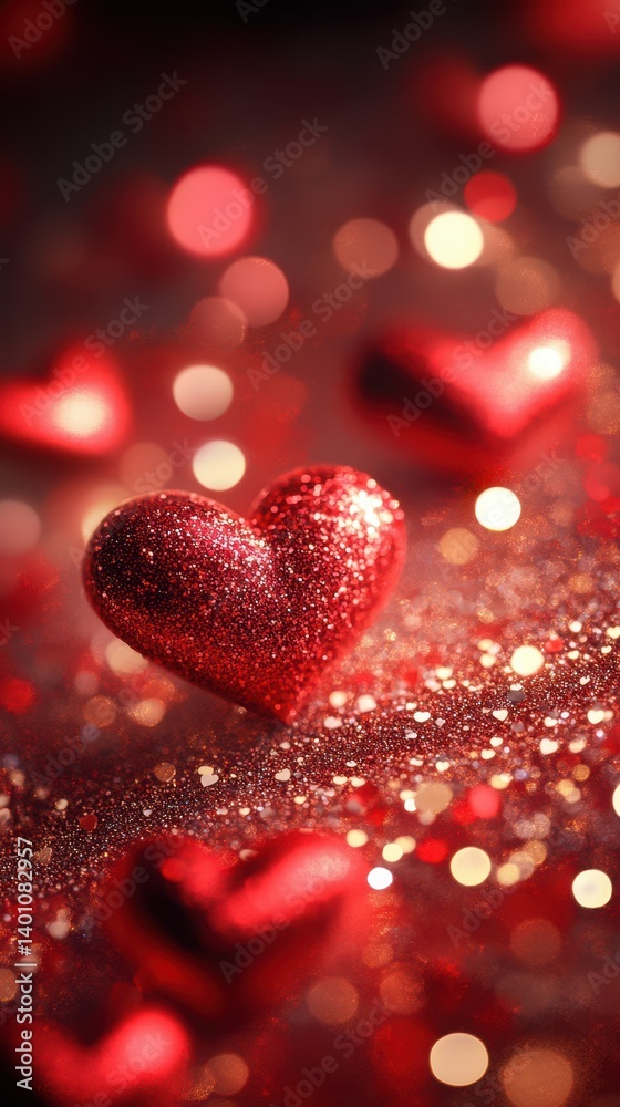 Shimmering red hearts scattered on a sparkling surface create a romantic atmosphere perfect for celebrations or special occasions Shimmering red hearts scattered on a sparkling surface create a romantic atmosphere perfect for celebrations or special occasions