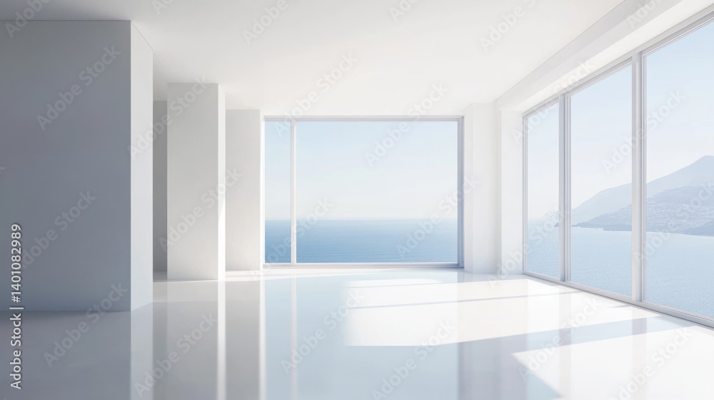 Modern Empty Interior Room With Large Windows and Sea View Modern Empty Interior Room With Large Windows and Sea View