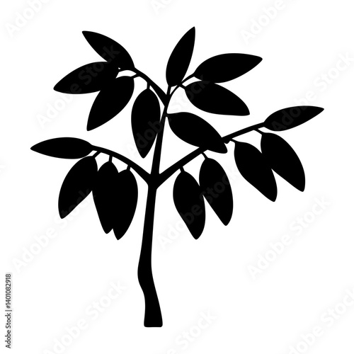 Black silhouette image of a tree with rounded leaves and branches