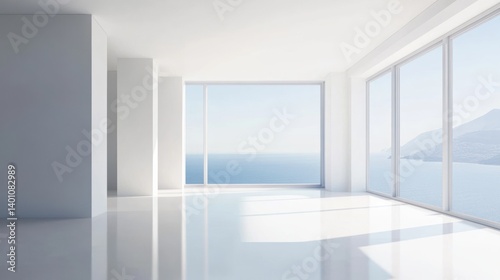 Modern Empty Interior Room With Large Windows and Sea View