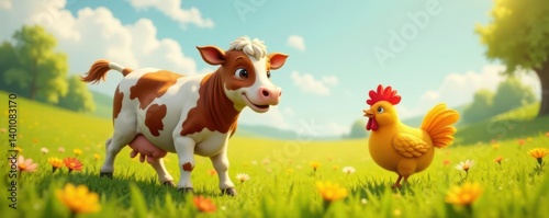 A happy cow and a playful chicken in a sunny meadow, outdoor, farm