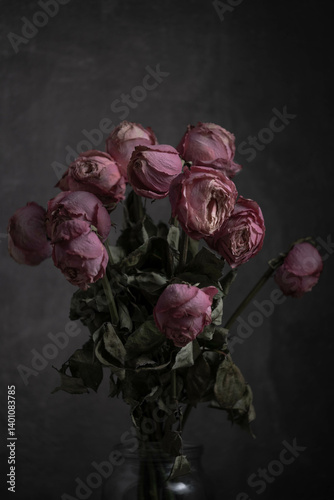 Bouquet of pink wilted roses in glass vase on dark background. photo