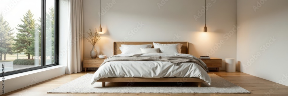 Bed in minimalist Scandinavian bedroom with king size bed, white linens, clean lines Bed in minimalist Scandinavian bedroom with king size bed, white linens, clean lines