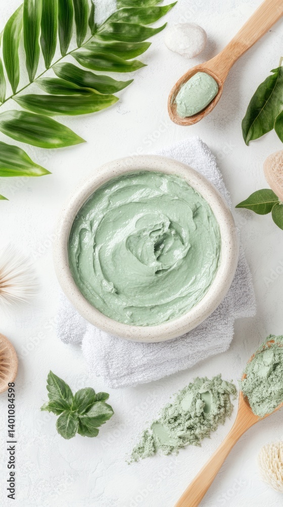 A relaxing setup includes a bowl of green foot cream surrounded by natural elements, emphasizing care for well-groomed silky skin on feet A relaxing setup includes a bowl of green foot cream surrounded by natural elements, emphasizing care for well-groomed silky skin on feet