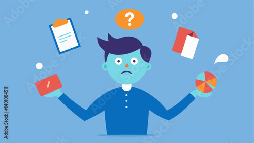 Balancing Act A character juggling various social invitations and personal responsibilities all while looking frazzled and anxious representing the struggle to make choices amid