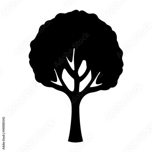 Silhouette of a broadleaf tree with a bushy crown and sturdy trunk
