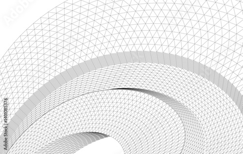 Abstract 3D wireframe waves and shapes, black and white mesh illustration