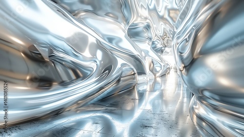 Wavy silver chrome surface with high reflectivity and fluid forms — great for technology branding, 3D art, or industrial design. Abstract Silver Chrome Liquid Texture with Reflection

