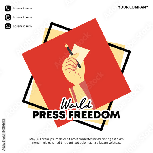 World Press Freedom Day design with a hand holding a pen and paper