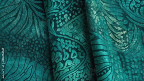 Batik fabric in vibrant teal with hand-dyed patterns and organic texture Generative AI