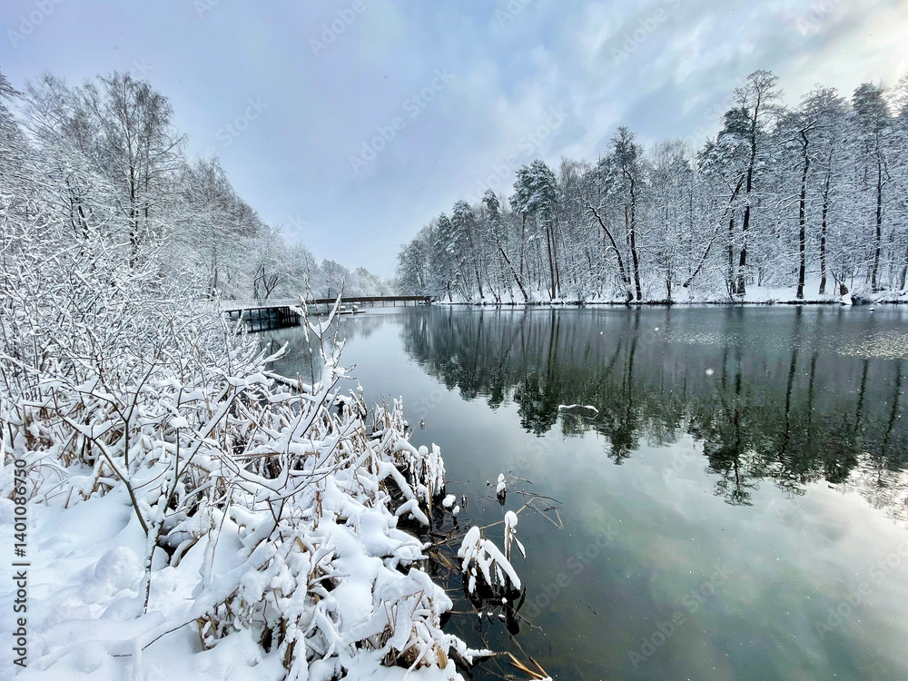 The Pekhorka River in April after a snowfall. Balashikha, Moscow Region, Russia