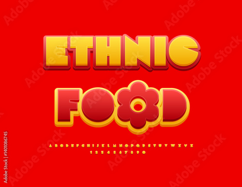 Vector Cooking label Ethnic Food with Red Flower. Modern Big Geometric Font. Uppercase Abstract style Alphabet Letters and Numbers set.