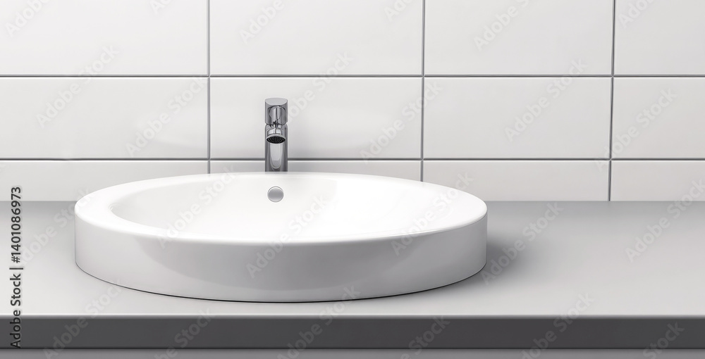 Fototapeta premium Modern round white ceramic bathroom sink with chrome faucet and tiles.
