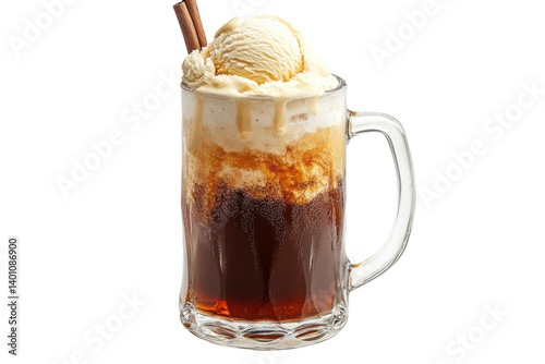 Creamy vanilla ice cream root beer float in a glass mug perfect summer on transparent background