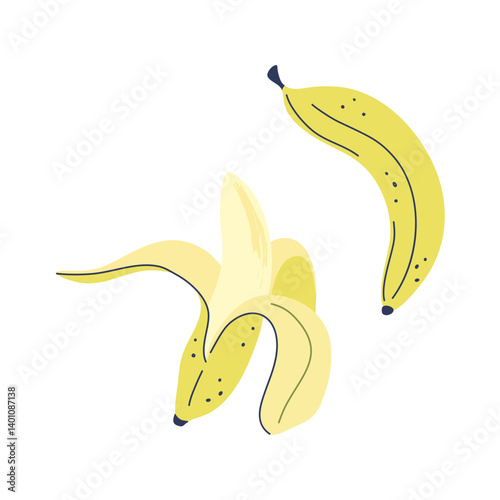 Whole banana and peeled banana. Cute tropical ripe fruits isolated on transparent background. Fresh vegan food. Hand drawn flat design vector illustration.
