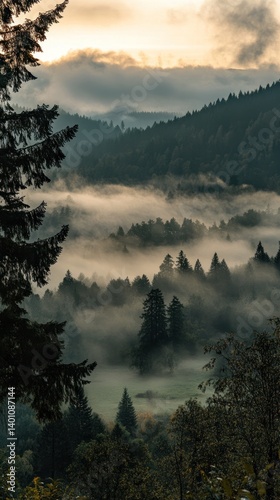 Forest trees and clouds in the mountain valley landscape