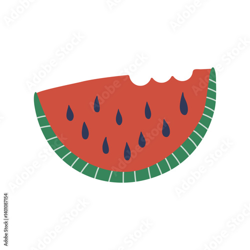 Watermelon slice. Sweet juicy Summer dessert isolated on transparent background. Hand drawn flat design vector illustration. 