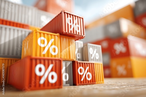 Import export tariffs concept represented by colorful shipping containers with percentage signs, symbolizing trade costs and economic impact on global commerce photo