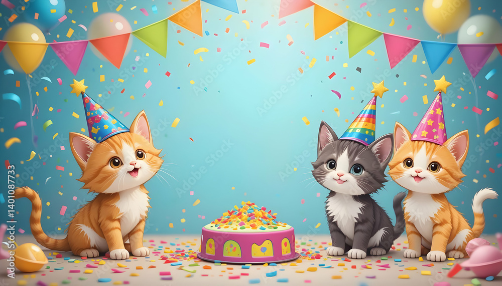 Cute Kittens Birthday Party Colorful Confetti Festive Style Cute Kittens Birthday Party Colorful Confetti Festive Style