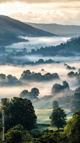 A beautiful scenic view of rolling hills and morning fog