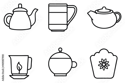 Vintage vector illustration of a hot coffee and tea cup set design with kitchen drink and cafe cooking icons