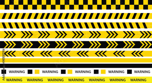 yellow and black background with warning stripes Danger tapes under hazard construction. Set of caution bands for  places. Long danger ribbon.
