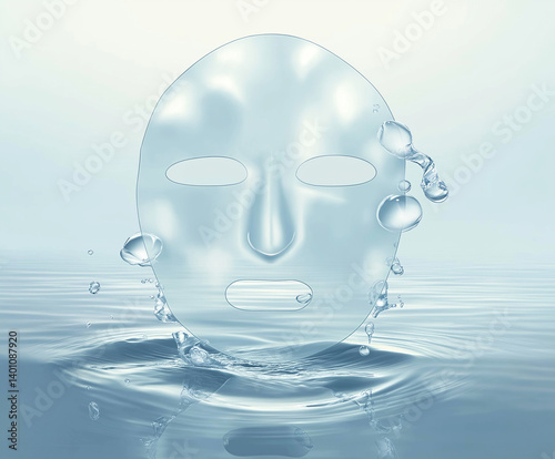 transparent facial mask floating on a calm, reflective water surface. The mask has cutouts for the eyes, nose, and mouth, giving it a serene and slightly surreal appearance.