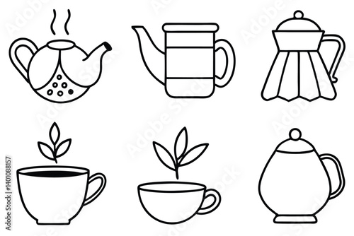 Vintage vector illustration of a hot coffee and tea cup set design with kitchen drink and cafe cooking icons