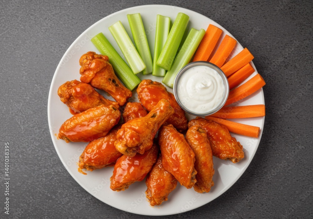 Plate of buffalo wings with celery carrots and dipping sauce dish Plate of buffalo wings with celery carrots and dipping sauce dish