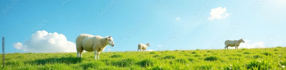 Sheep grazing under blue sky , grazing, sheep Sheep grazing under blue sky , grazing, sheep