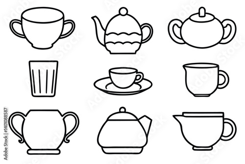 Vintage vector illustration of a hot coffee and tea cup set design with kitchen drink and cafe cooking icons