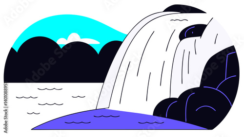 Tranquil waterfall illustration shows water flowing over dark cliffs into serene pool beneath cyan sky. Natural landscape vector art