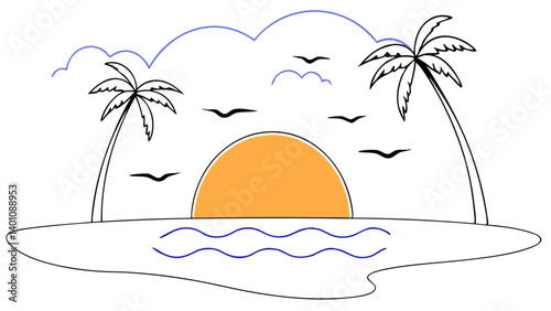 Minimalist line art icon shows serene tropical beach sunset, quiet ocean waves reflecting sun, silhouetted palm tree, and birds
