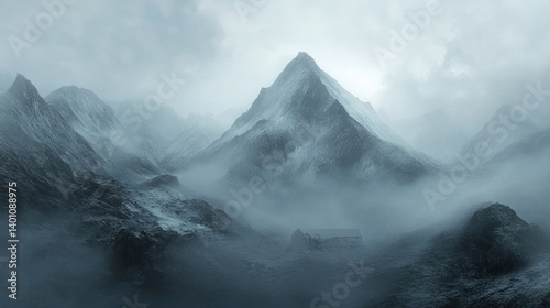 A mountainous landscape enveloped in swirling clouds and heavy mist