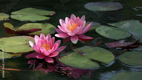 Pink lotus flowers in a peaceful lake, illustrated in a delicate watercolor sketch style