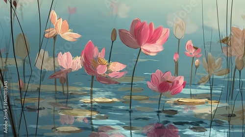 Tranquil watercolor art of pink lotus blooms gently floating on still water