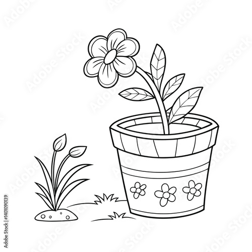 flower in pot coloring book page vector illustration