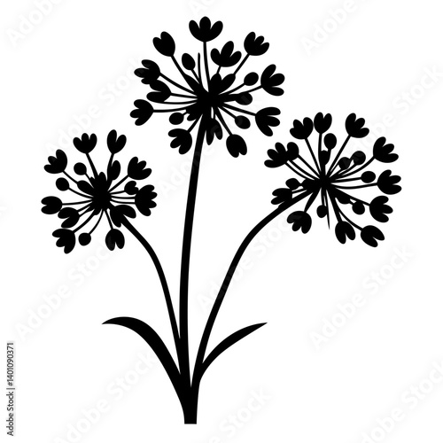 Silhouette of three black flower heads on a single stem with leaves