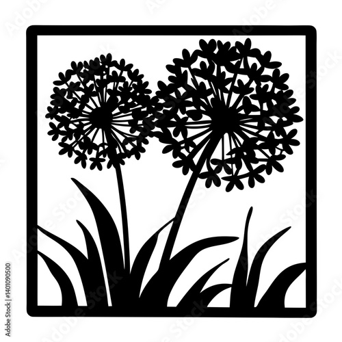 Elegant Black and White Allium Flower Silhouette Framed Art Print Botanical Illustration