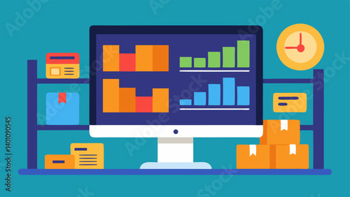 Inventory Management Dashboard An outline of a warehouse with shelves stacked with boxes paired with a digital dashboard showing realtime stock levels analytics charts and alerts