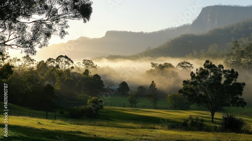 A beautiful and serene landscape scene with natural foggy ambiance