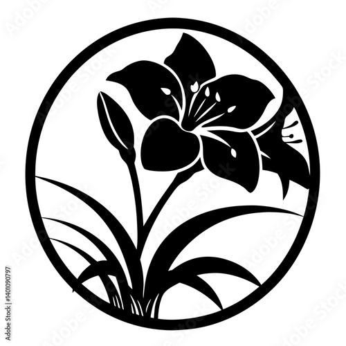 Elegant Black and White Lily Flower in a Circular Frame Artistic Design Graphic Illustration