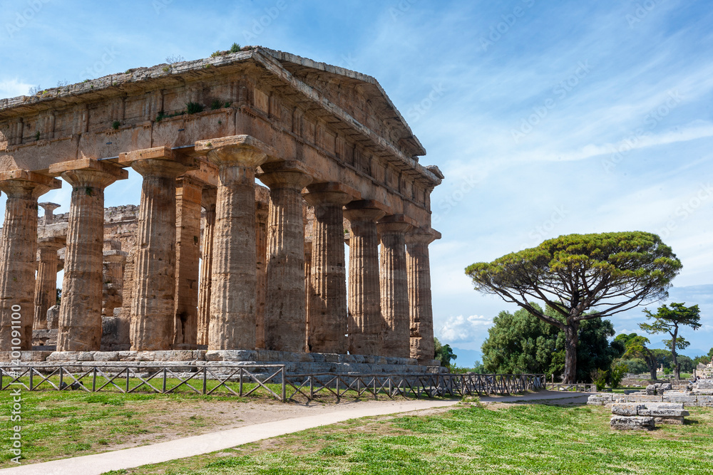The Temple of Hera II (also erroneously called the Temple of Neptune or of Poseidon), a Greek temple built in about 450BC in Paestum, Campania, Italy The Temple of Hera II (also erroneously called the Temple of Neptune or of Poseidon), a Greek temple built in about 450BC in Paestum, Campania, Italy