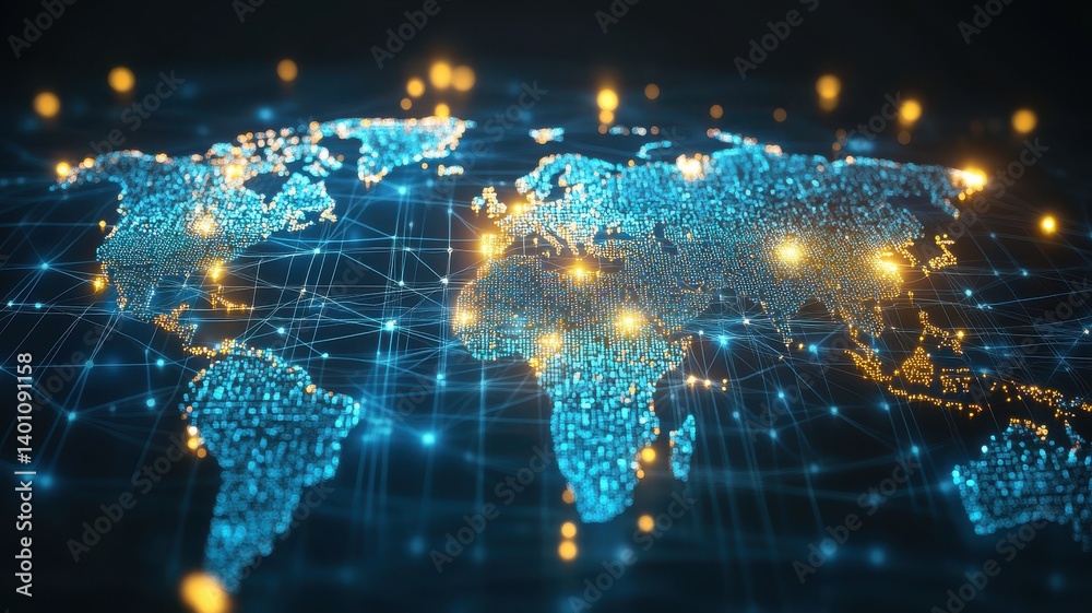 Fototapeta premium Global network connections on world map with digital technology and connectivity theme. Big Data Analysis