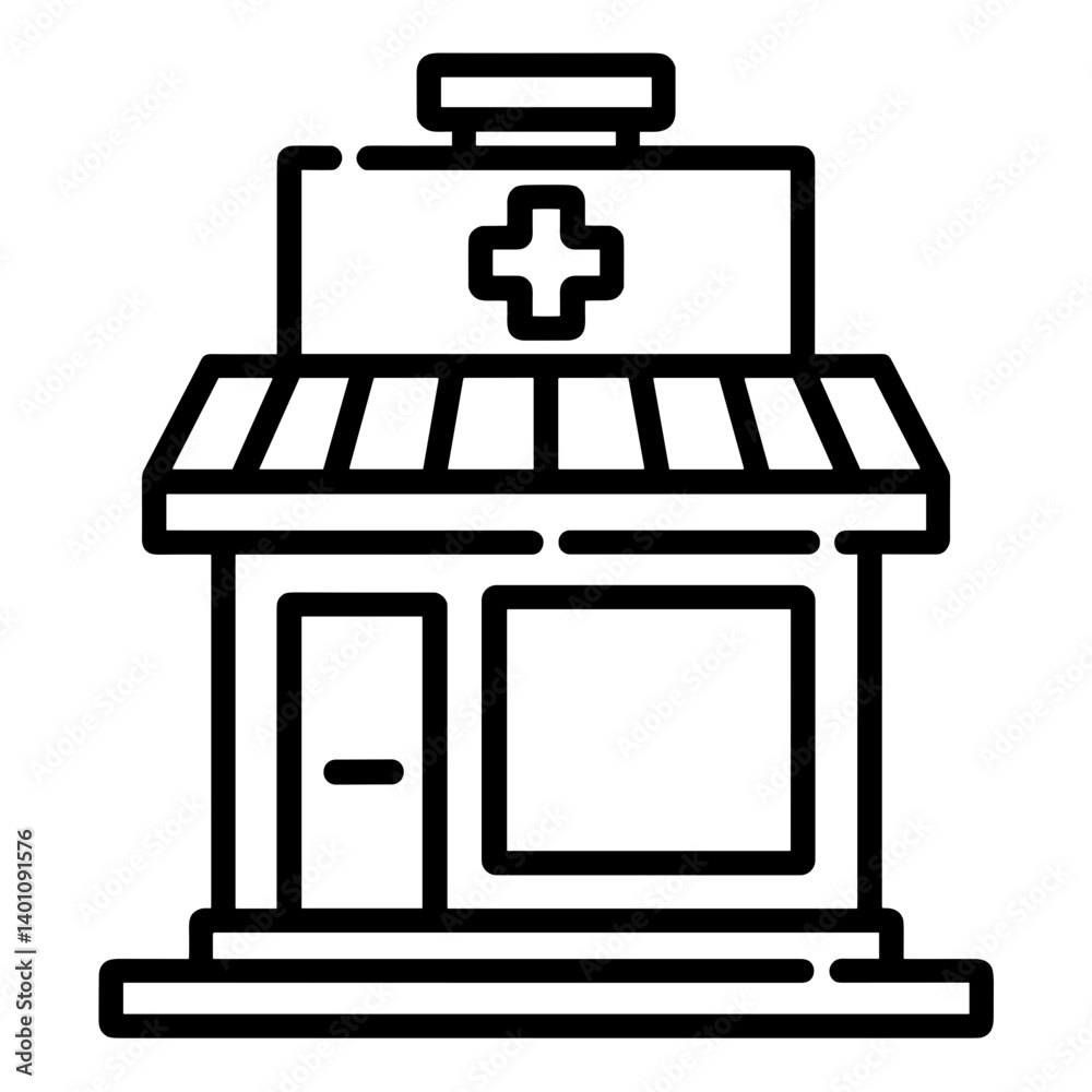 Pharmacy building icon with medical cross in line style Pharmacy building icon with medical cross in line style