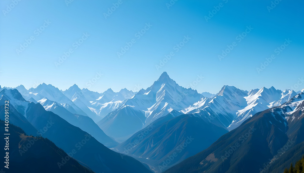 Majestic Snowcapped Mountains Panoramic View Blue Sky Landscape Majestic Snowcapped Mountains Panoramic View Blue Sky Landscape