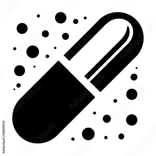 Stylized black capsule with dots representing abstract medical or pharmaceutical concept