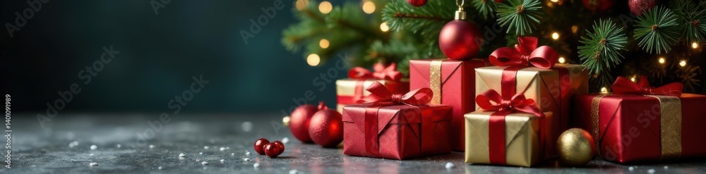 Festive gifts surrounded by a beautifully decorated Christmas tree, ornaments, presents, Christmas tree Festive gifts surrounded by a beautifully decorated Christmas tree, ornaments, presents, Christmas tree