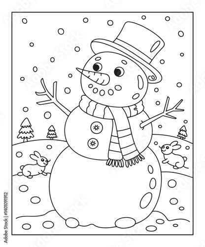 Christmas snowman coloring page for kids, black line art vector illustration on white background