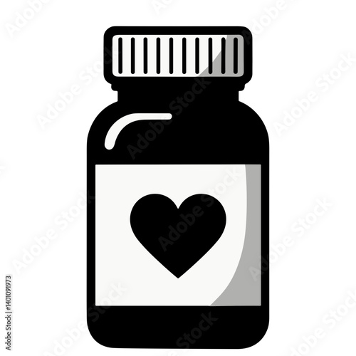 Heart on medicine bottle icon representing vitamins supplements and love care